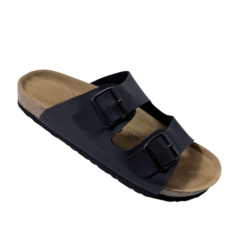 Cushionaire Lane Mens Cork Footbed Sandal Black Nappa Vegan Leather Size 11 M